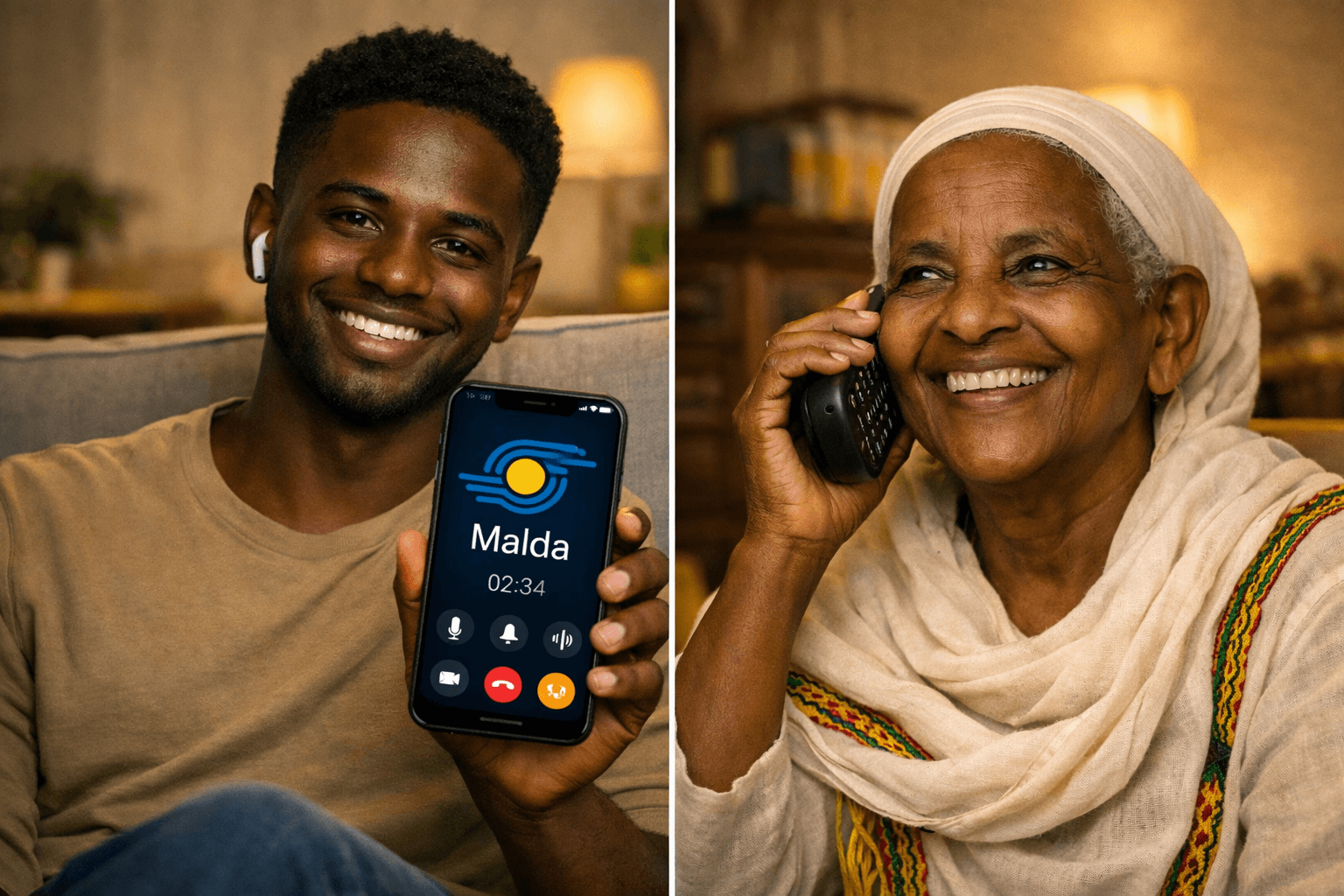 Ethiopian woman using Malda app, family with Ethiopian flag